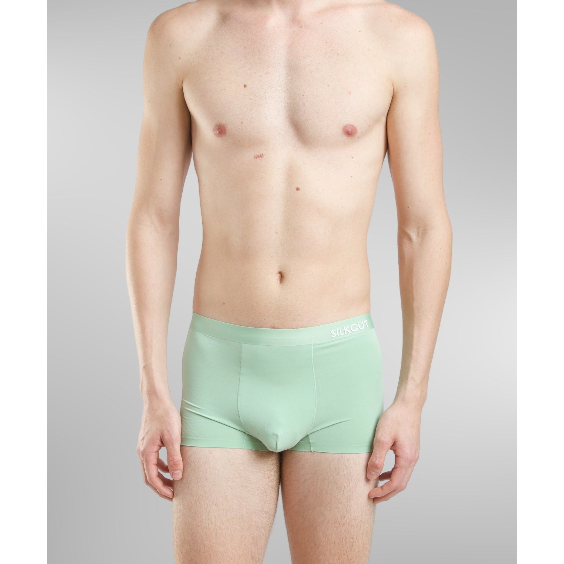 SilkCut ergonomic pouch trunk underwear in green  showing smooth contour fit