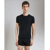 Flat lay of SilkCut Micro Modal Air unisex t-shirt in black and navy showcasing breathable softness