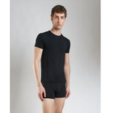 SilkCut crew neck t-shirt on model showing wrinkle-resistant lightweight design