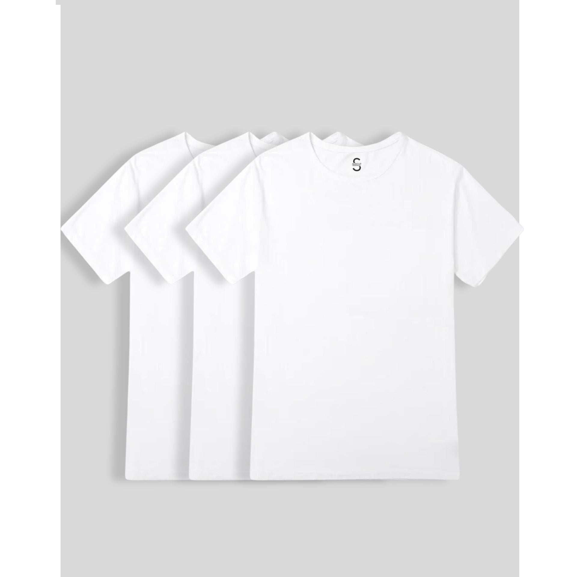 three white crew neck t-shirts stacked flat on light grey background