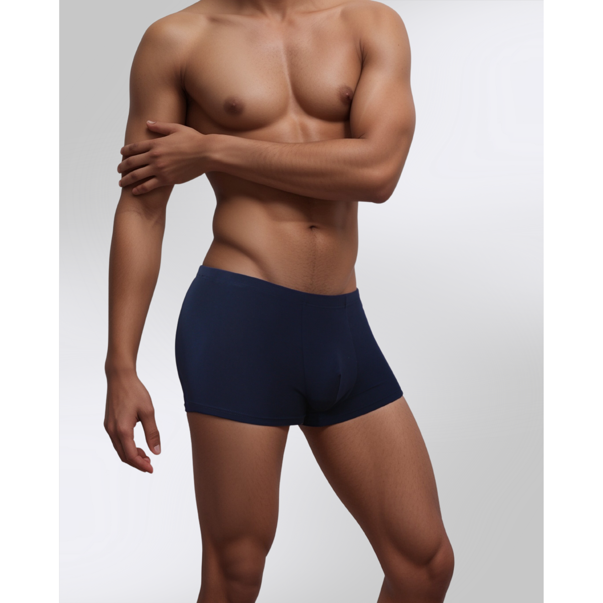 Male model wearing Navy SilkCut modal trunks – everyday performance underwear