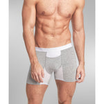 ergonomic fit of mens boxer brief with horizontal fly on model