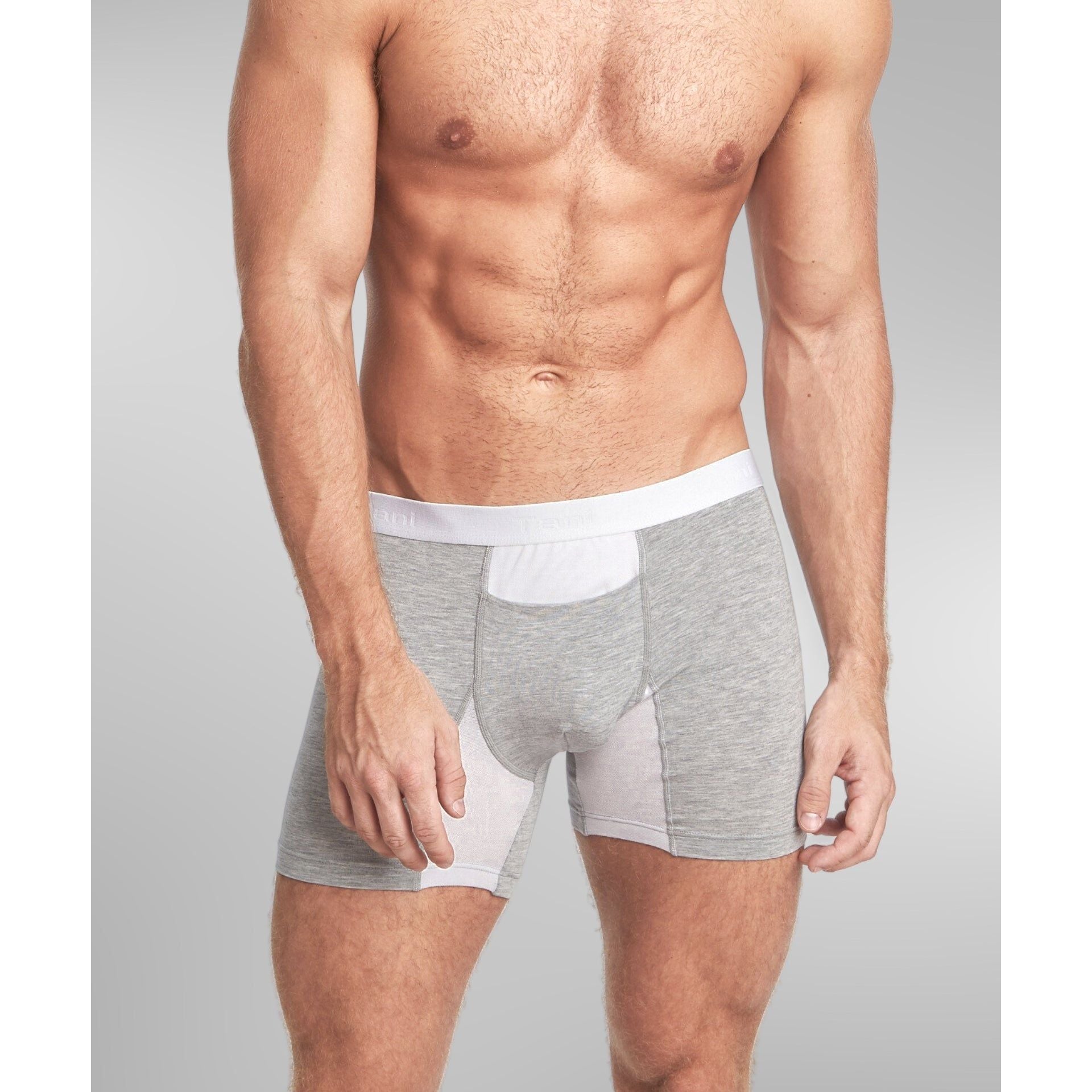 ergonomic fit of mens boxer brief with horizontal fly on model
