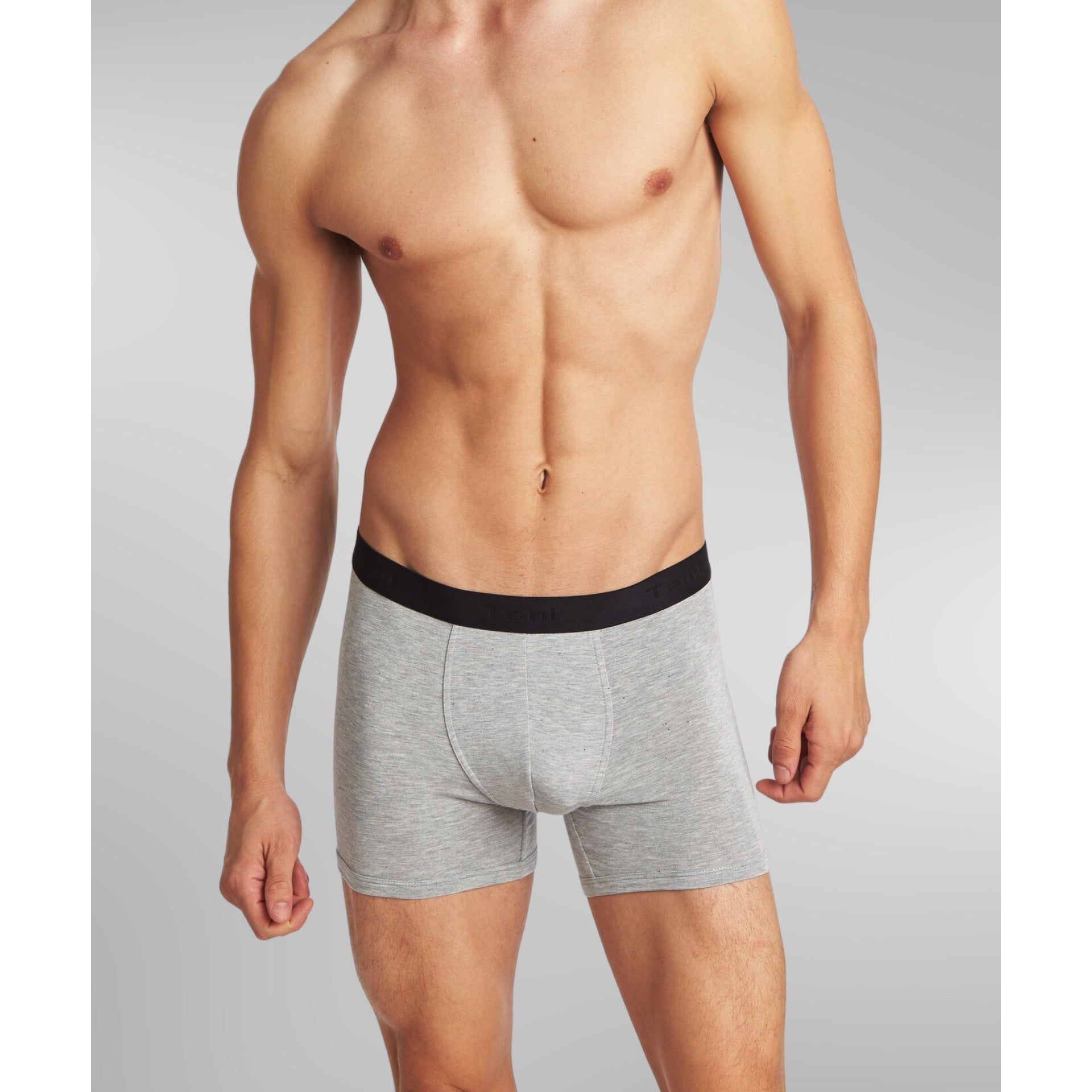 Front view of model wearing SilkCut grey boxer briefs showing ergonomic pouch fit