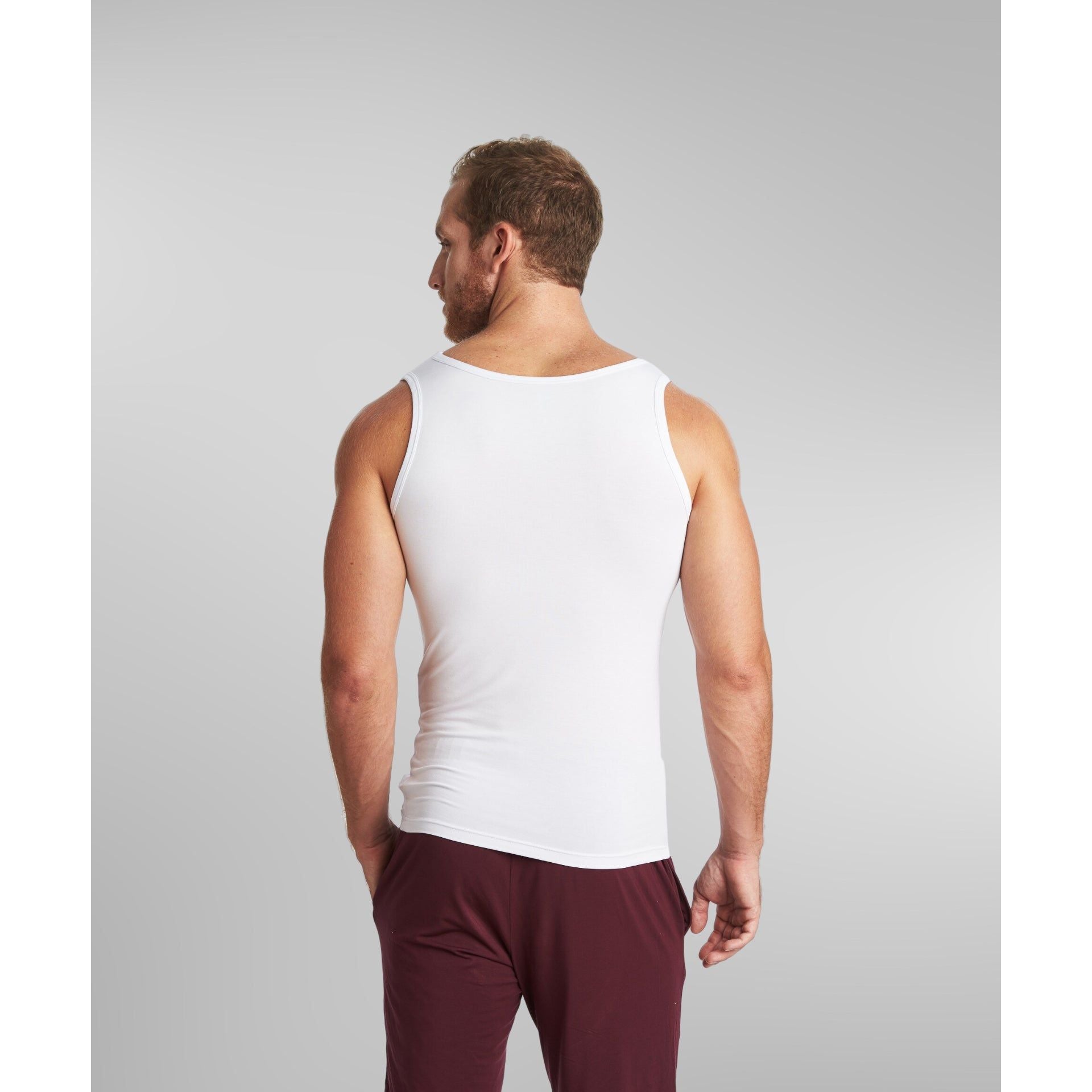 SilkCut men’s tank top in white showcasing stretch and softness