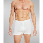 Model wearing White Slim Button Boxer Brief – fitted Micro Modal stretch underwear