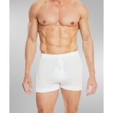 Model wearing White Slim Button Boxer Brief – fitted Micro Modal stretch underwear