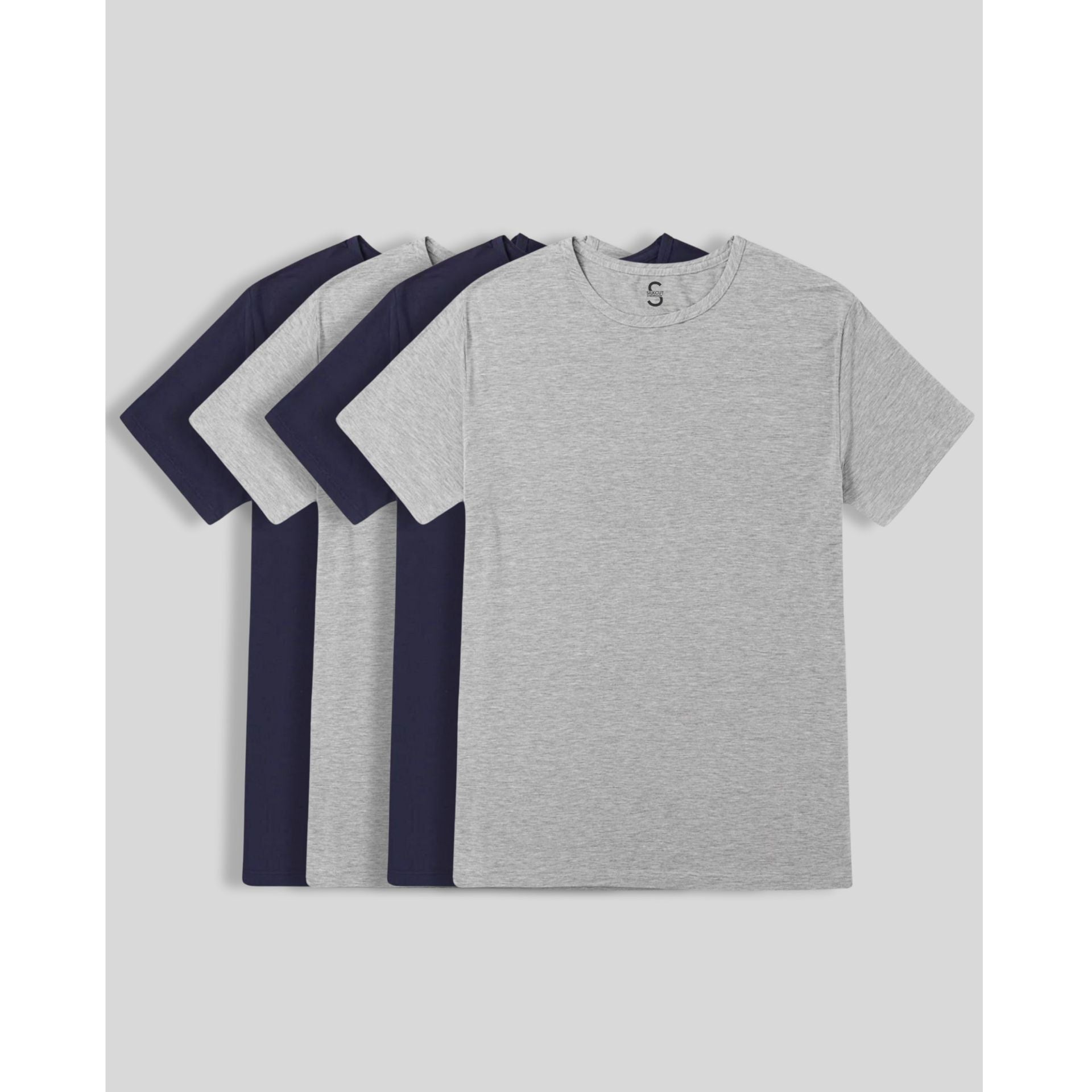 SilkCut Men’s Micro Modal Crew Neck T-Shirts 4 Pack flat lay – 2 Navy and 2 Grey lightweight breathable tees