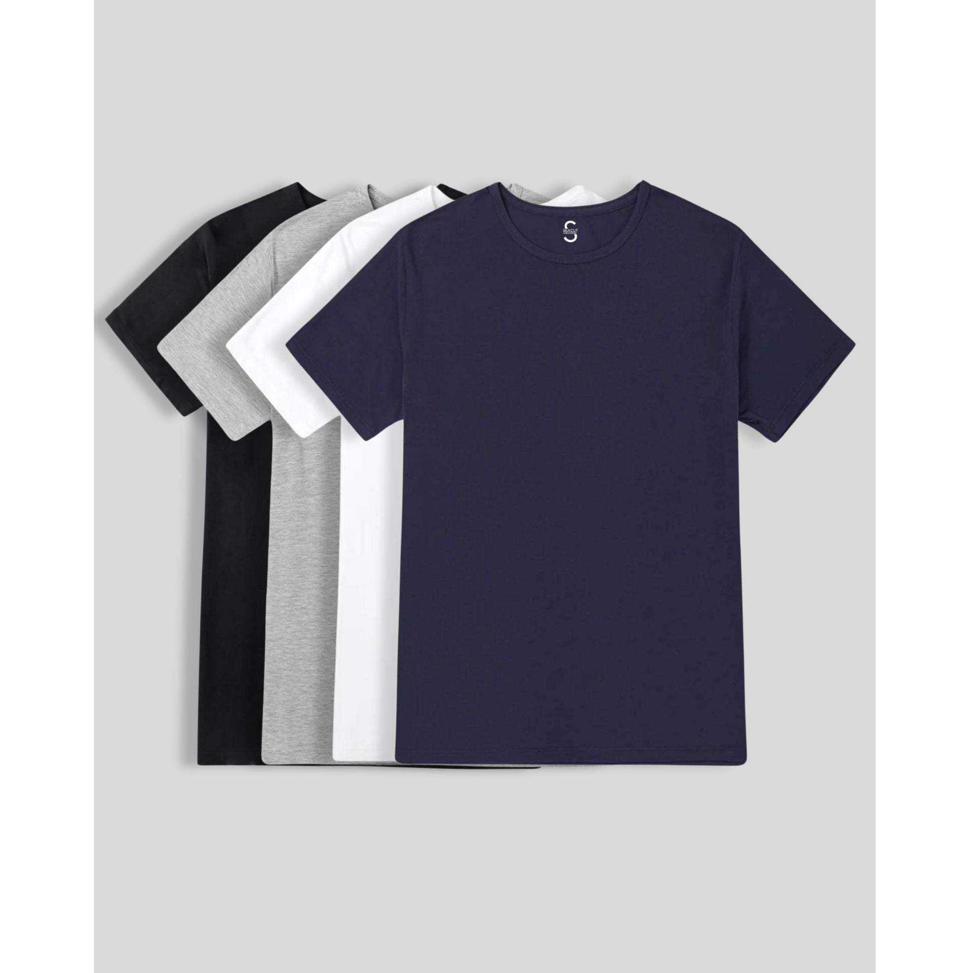 SilkCut men’s Micro Modal crew neck t-shirts 4 pack flat lay Black White Grey Navy