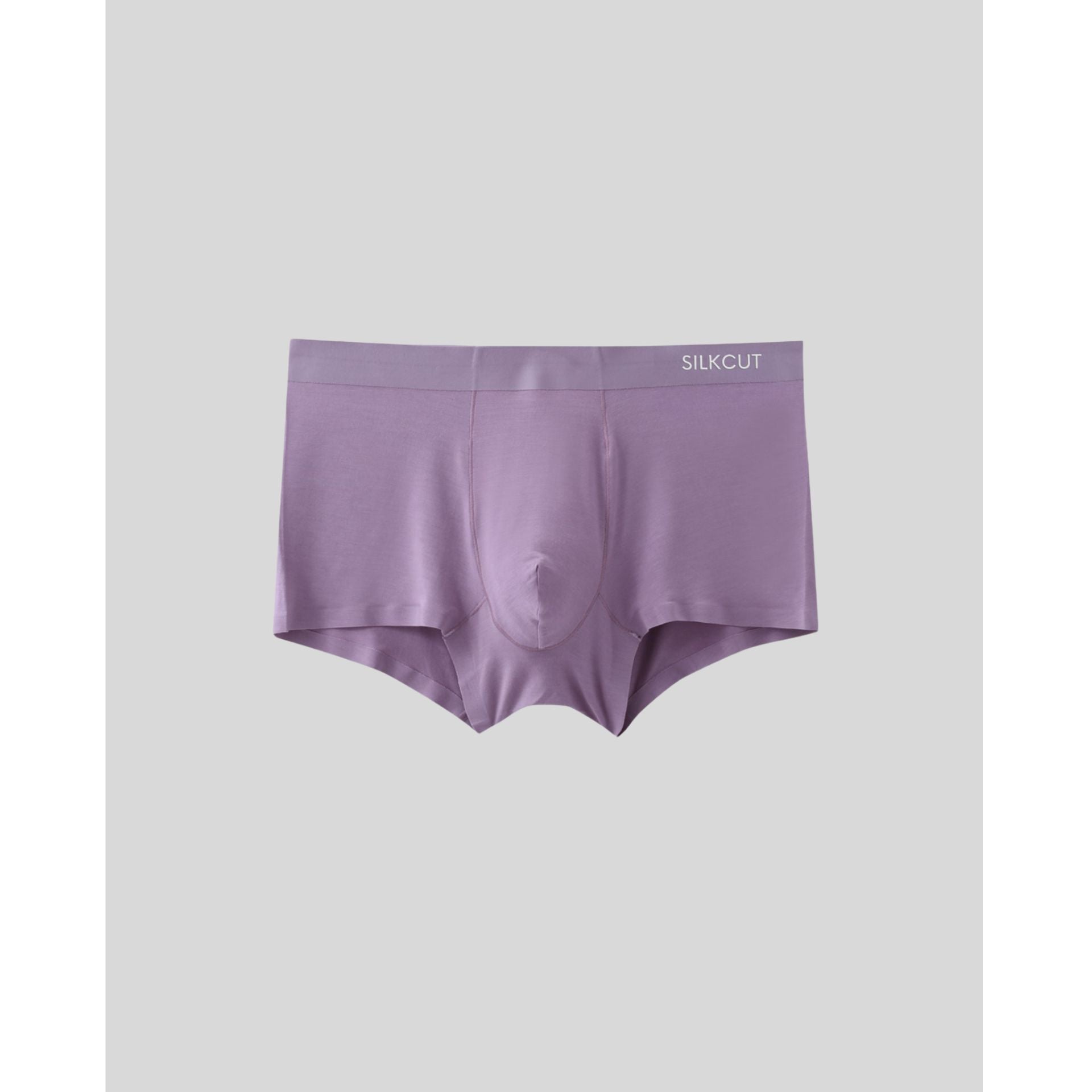 SilkCut men’s pouch trunks in purple showing ergonomic support pouch