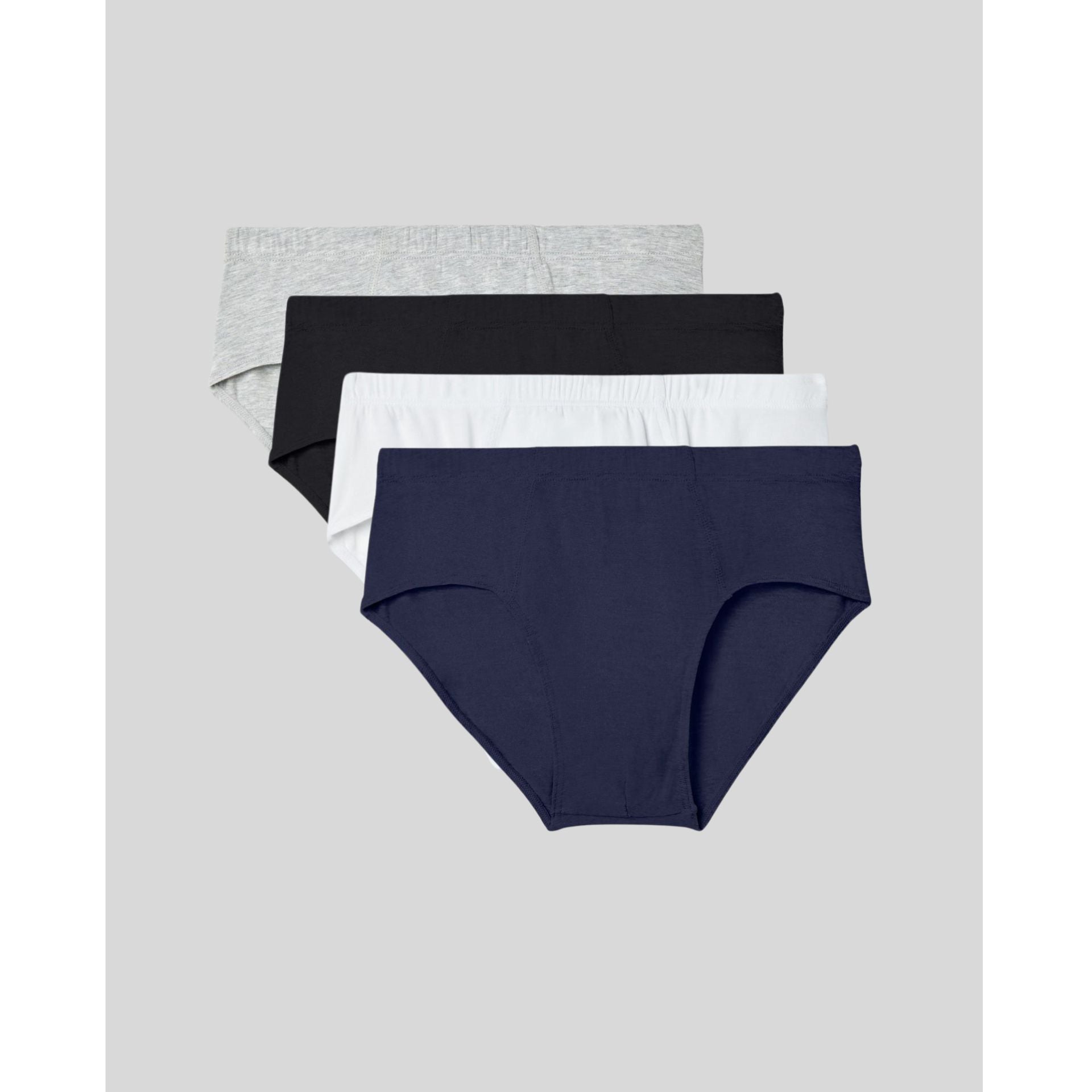 Modal briefs 4-pack in black navy white and grey flat lay