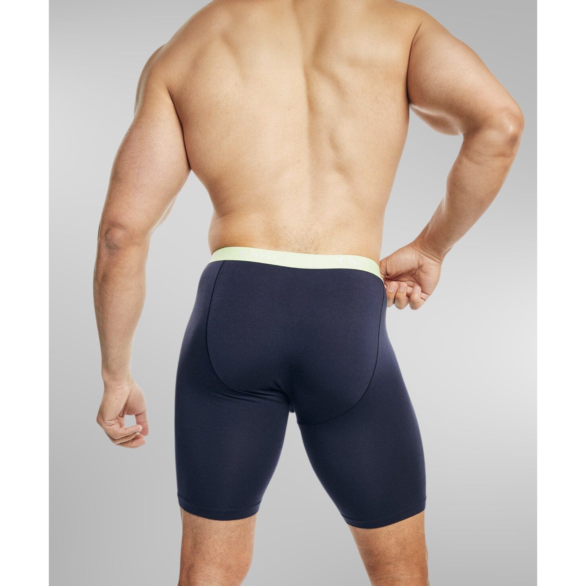 Navy Micro Modal Air boxer briefs with COOLMAX moisture-wicking fabric on model back view