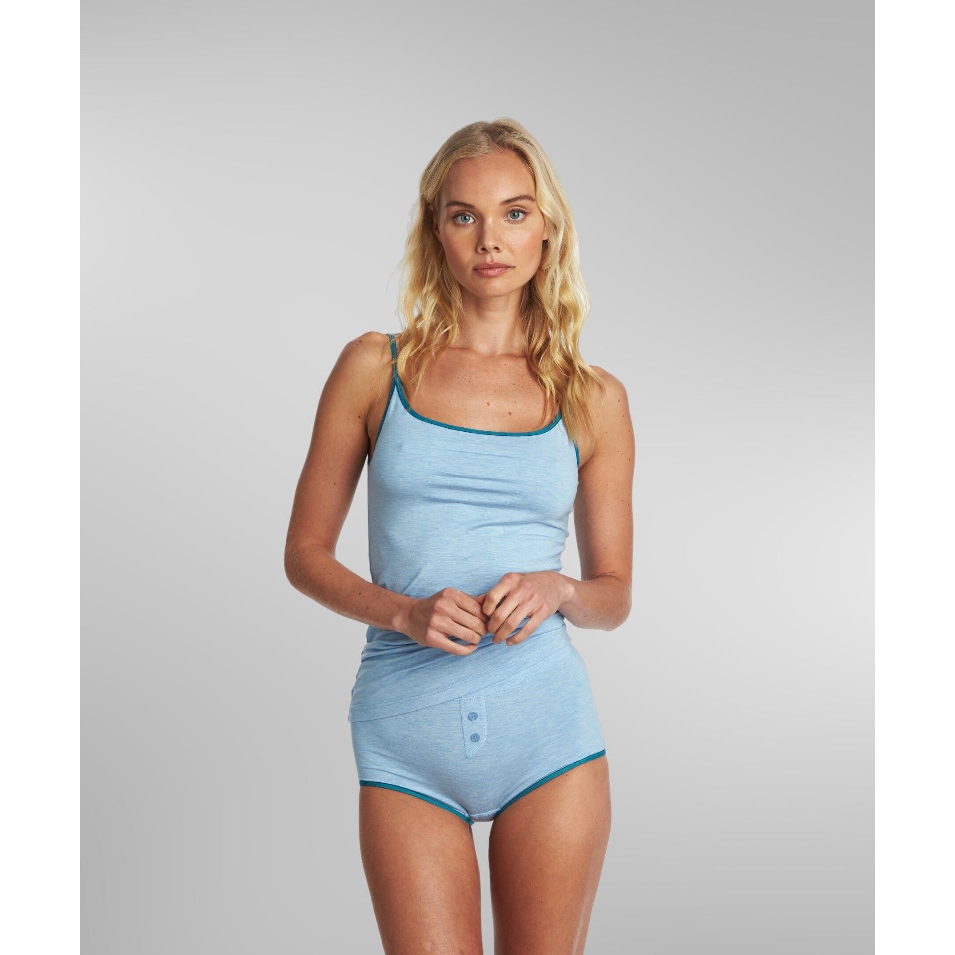 SilkCut women’s strap camisole baby blue with emerald piping