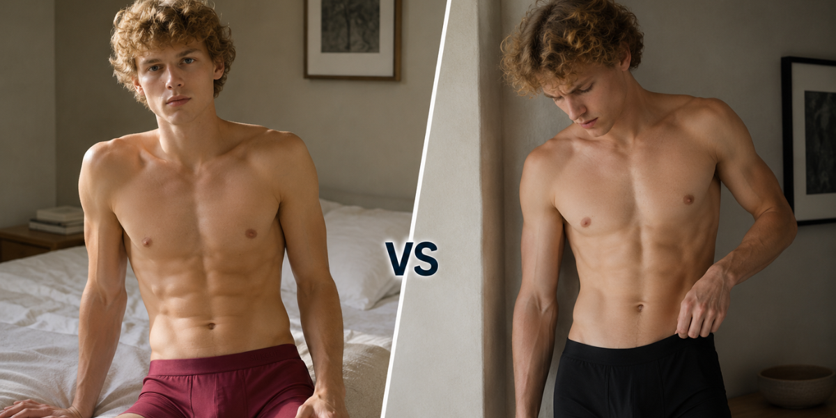 SilkCut vs MeUndies comparison image showing breathable Micro Modal Air underwear beside colorful printed underwear for everyday comfort