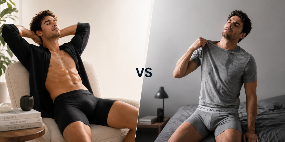 SilkCut vs Mack Weldon comparison image showing breathable SilkCut underwear beside structured performance underwear for daily comfort