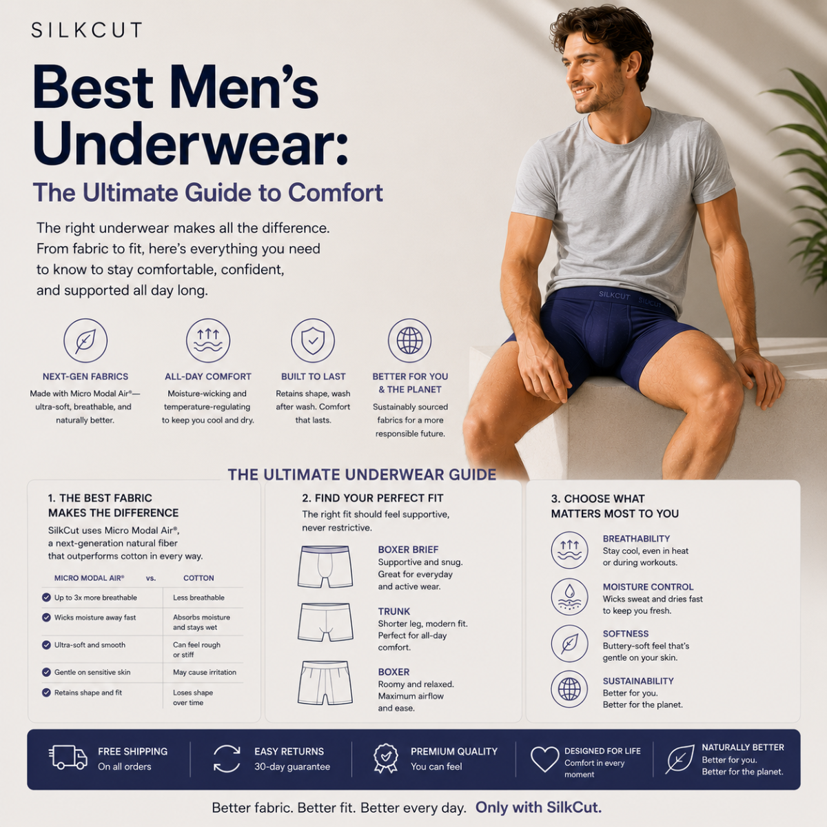 The best men’s underwear is defined by three core factors: breathability, fabric softness, and moisture management. SilkCut men’s underwear