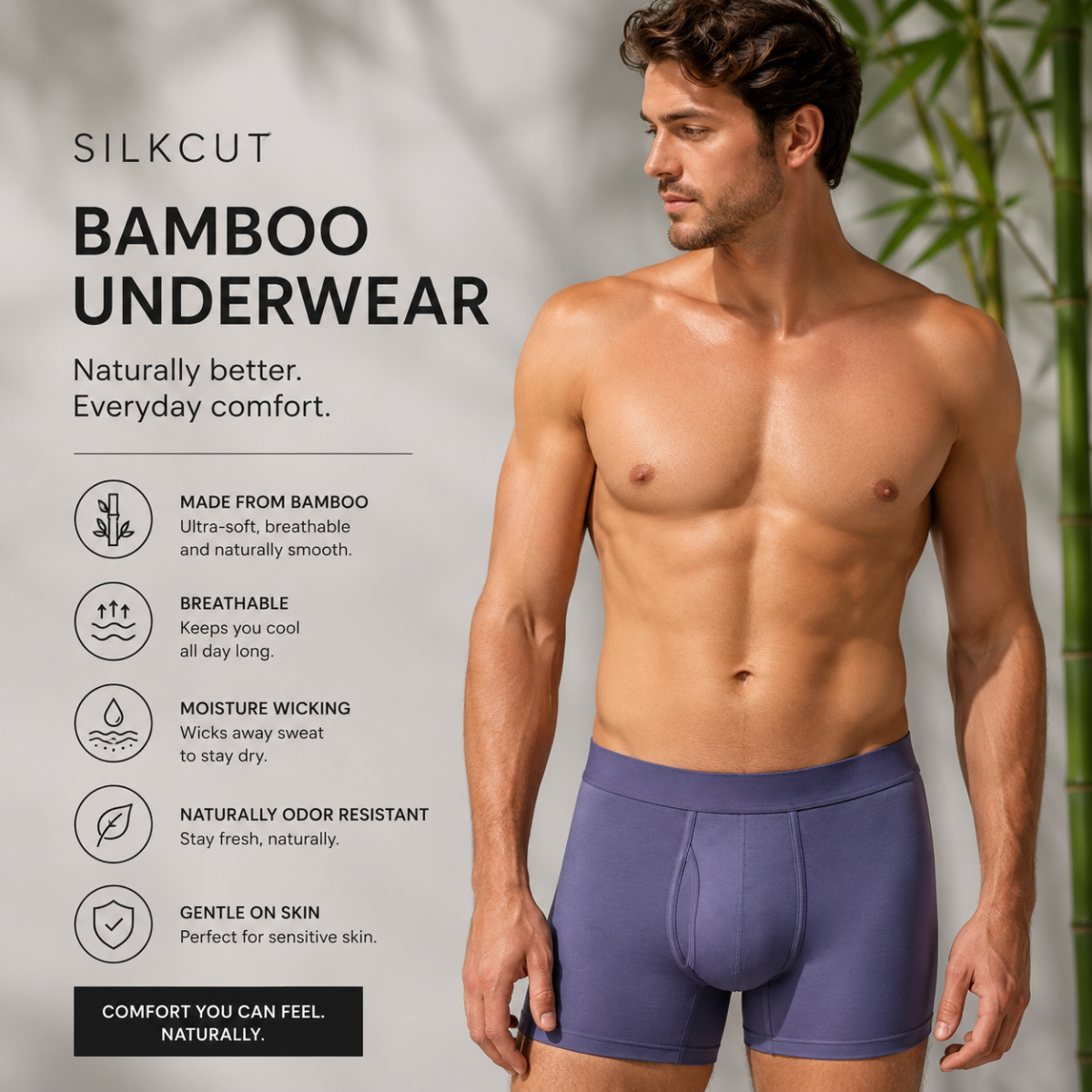 Bamboo underwear offers a naturally breathable, soft feel with balanced moisture control. It is designed for everyday comfort using renewable, plant-based fibers.