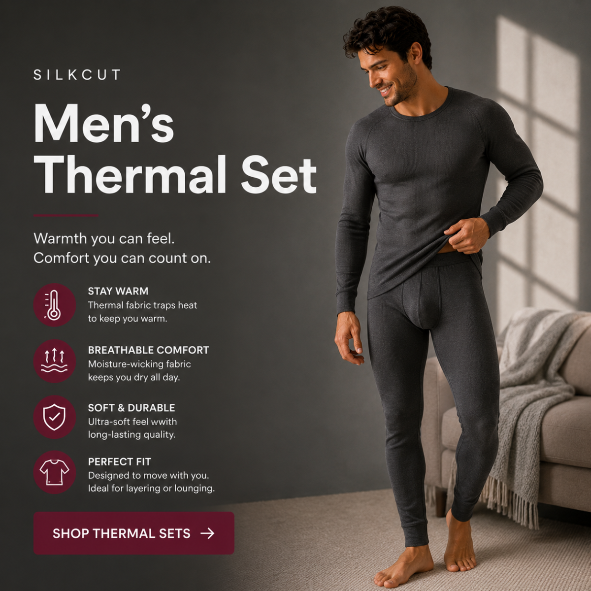 SilkCut Men's Thermal Underwear Set lightweight breathable base layer for cold weather