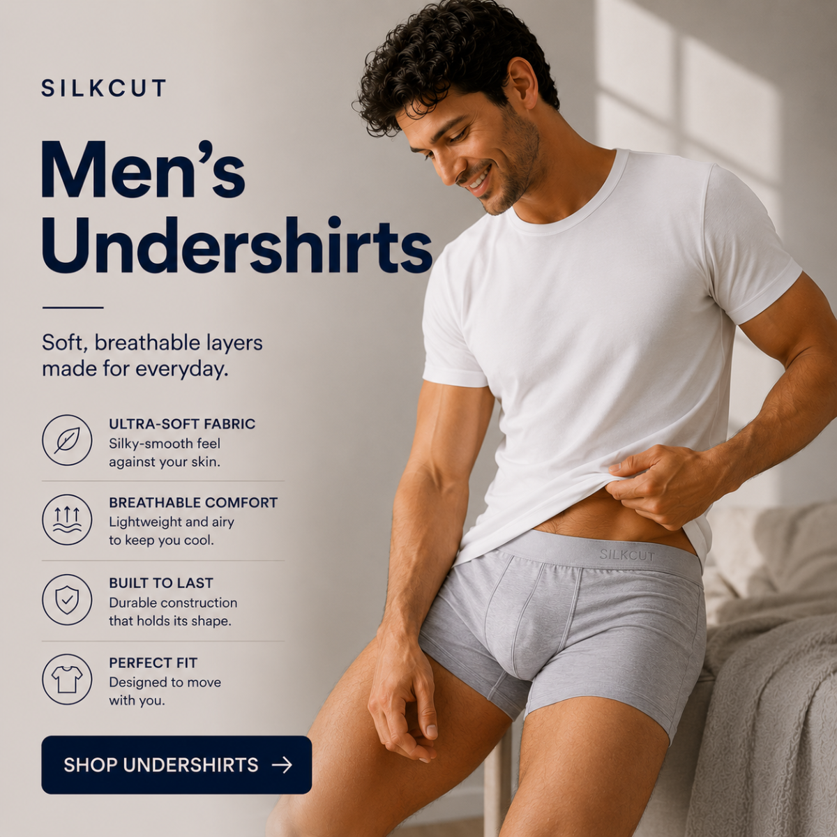 SilkCut men's white V neck undershirt lightweight breathable undershirt for layering and everyday comfort