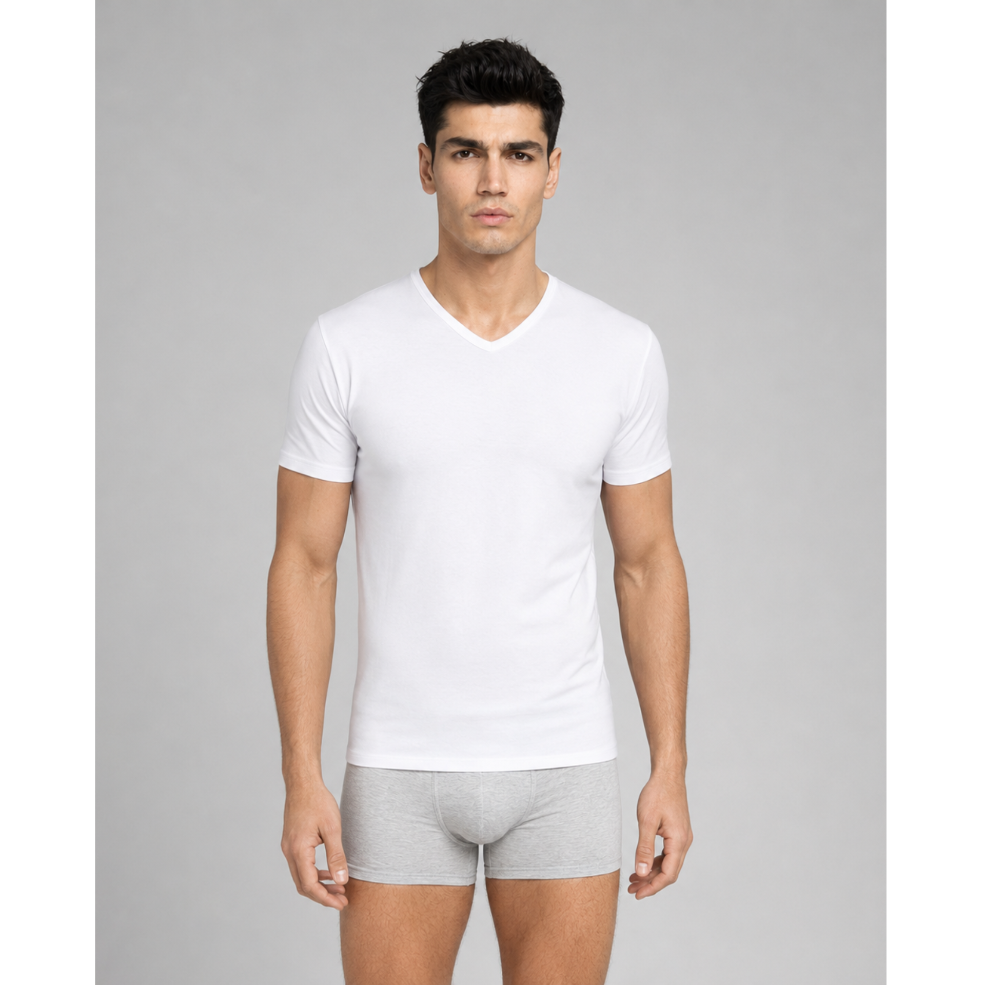 Premium men’s white undershirt and grey boxer briefs shown in a simple front product photo.