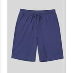 Blue shorts with a drawstring on a light gray background