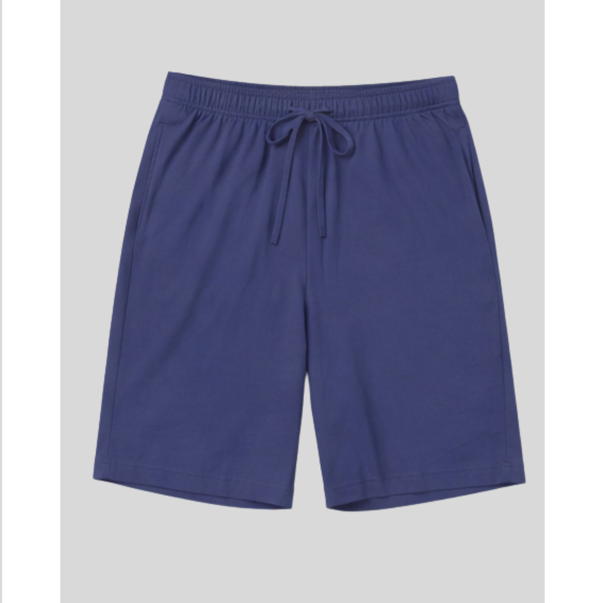 Blue shorts with a drawstring on a light gray background