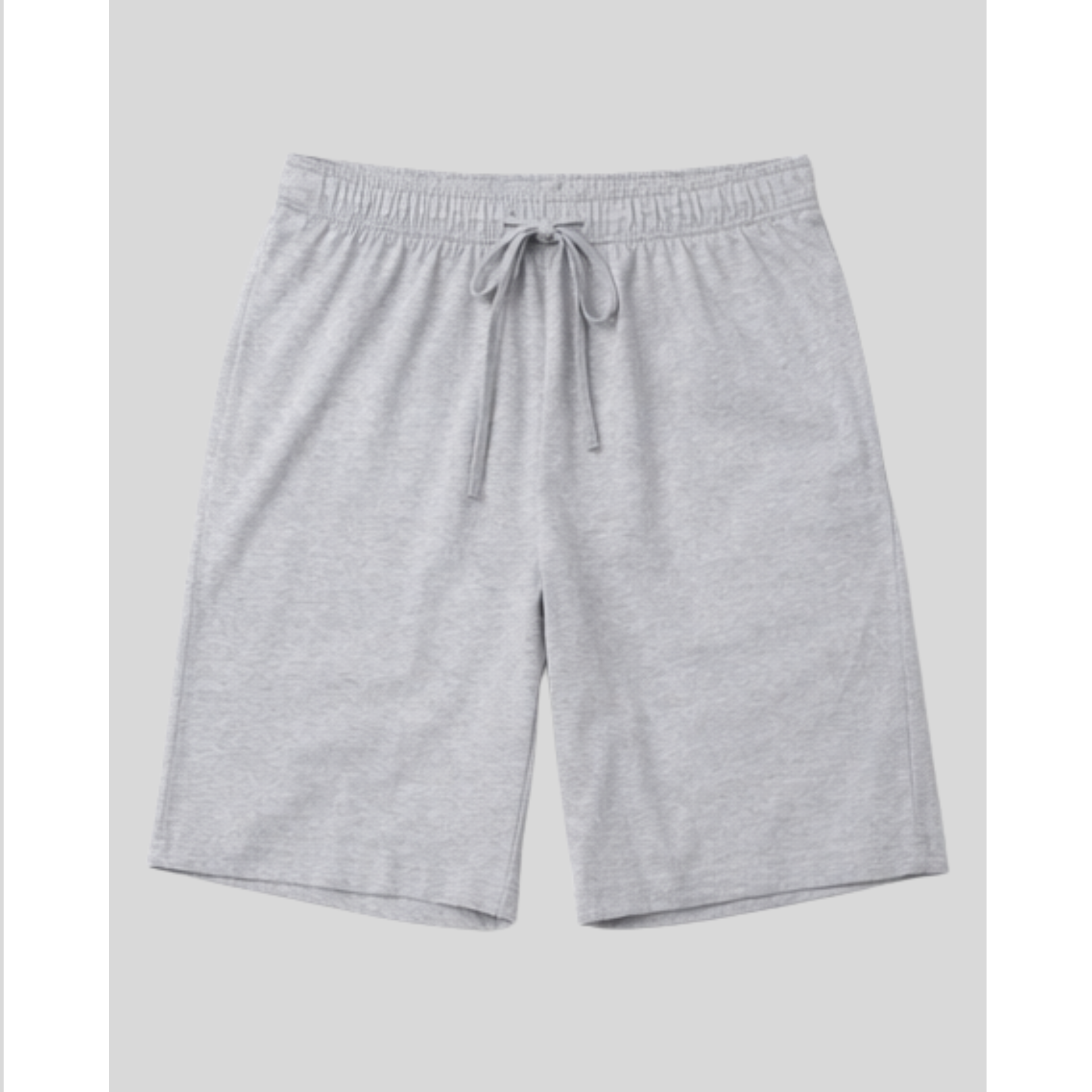 Gray shorts with a drawstring on a light gray background