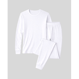 Lightweight men’s thermal underwear set made with breathable Micro Modal Air®. Warm, moisture-wicking base layer for cold weather and layering. White long-sleeve shirt and pants set on a light gray background