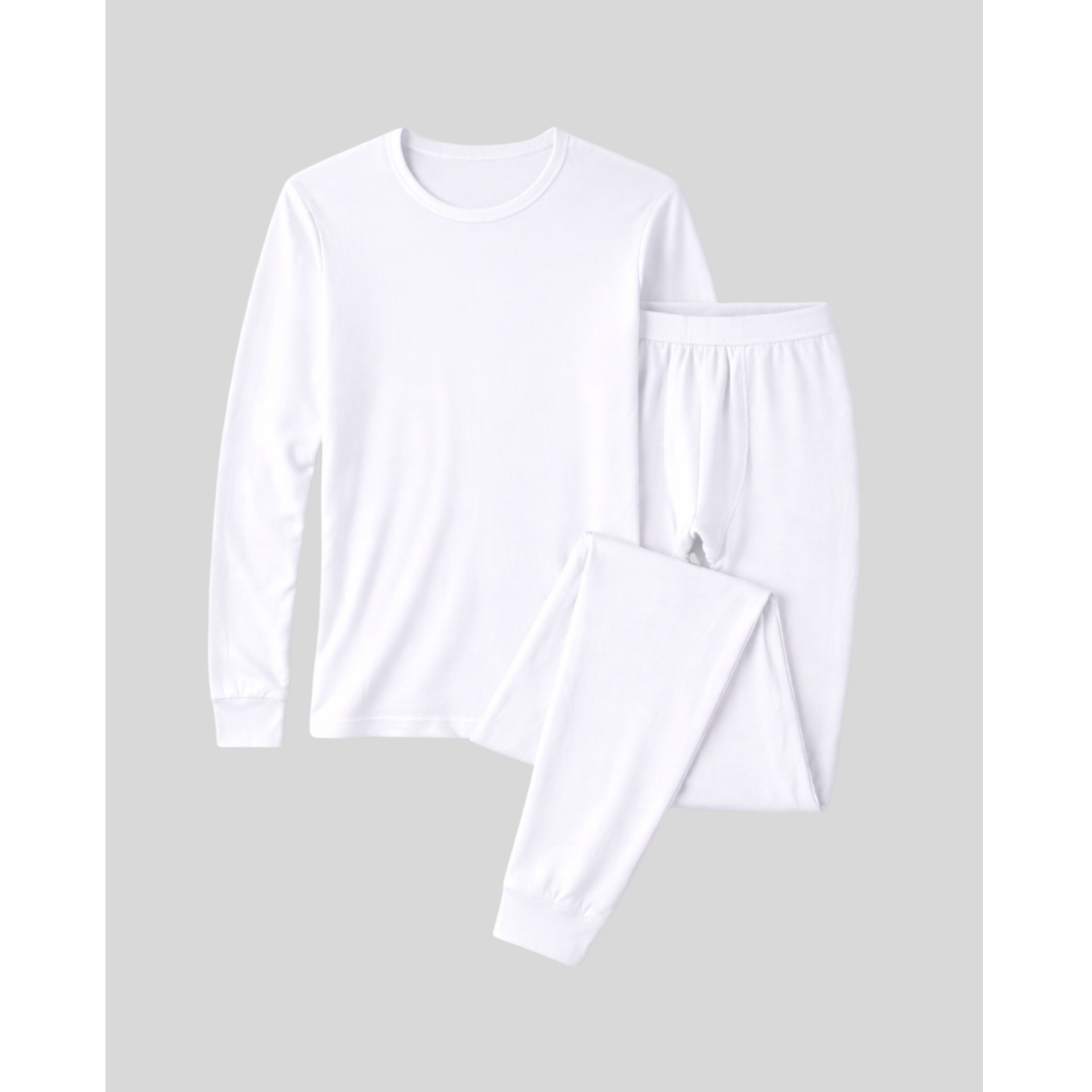 Lightweight men’s thermal underwear set made with breathable Micro Modal Air®. Warm, moisture-wicking base layer for cold weather and layering. White long-sleeve shirt and pants set on a light gray background