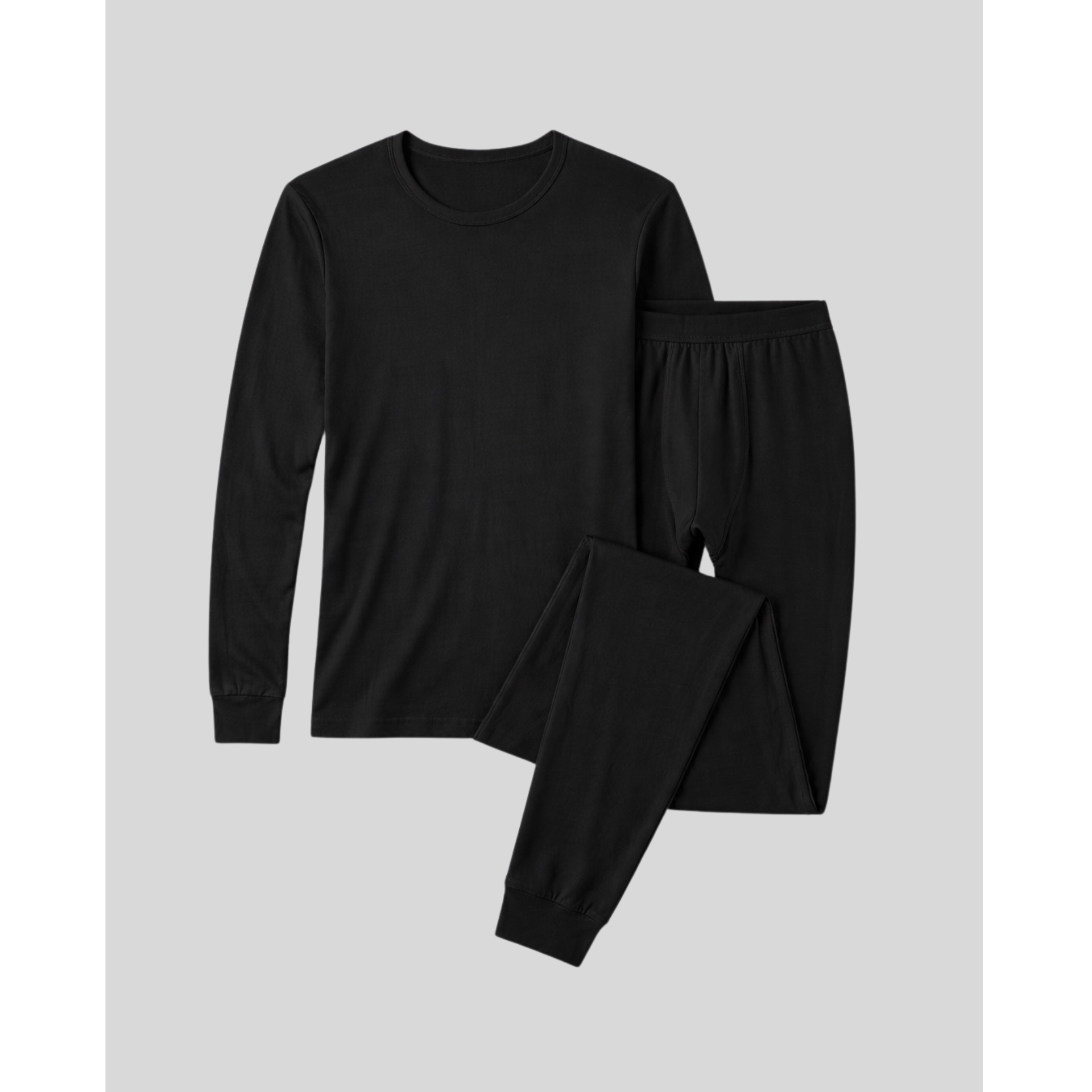 Black long-sleeve shirt and pants set on a light gray background Lightweight men’s thermal underwear set made with breathable Micro Modal Air®. Warm, moisture-wicking base layer for cold weather and layering.