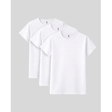 Three white t-shirts stacked on a light gray background