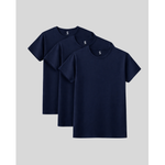 Three navy blue t-shirts on a light gray background