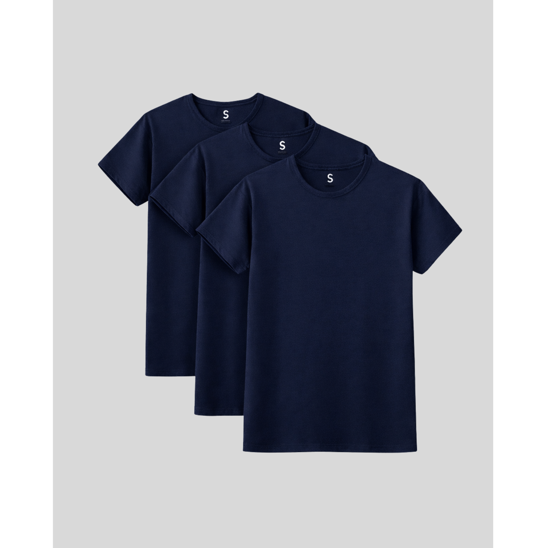 Three navy blue t-shirts with a brand logo on a light gray background