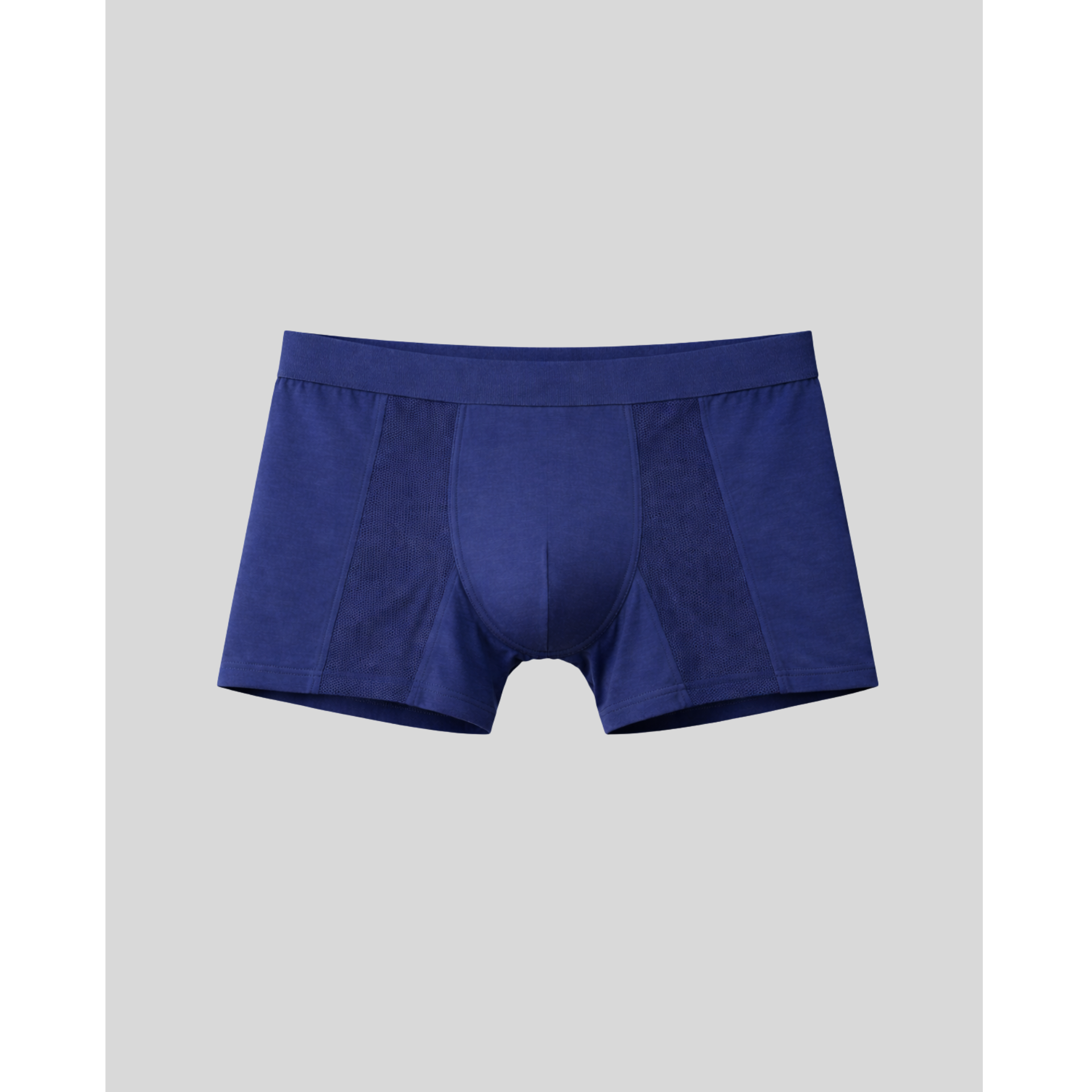 Blue boxer briefs on a light gray background