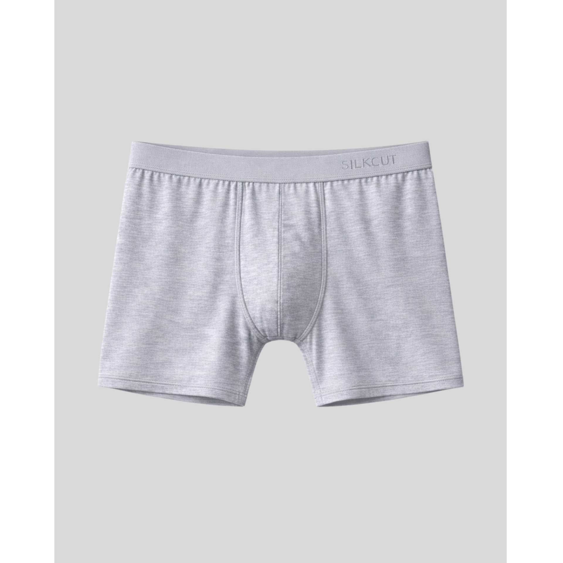 Gray boxer briefs with 'SilkCut' brand on a light gray background boxer brief comfortable for all-day wear