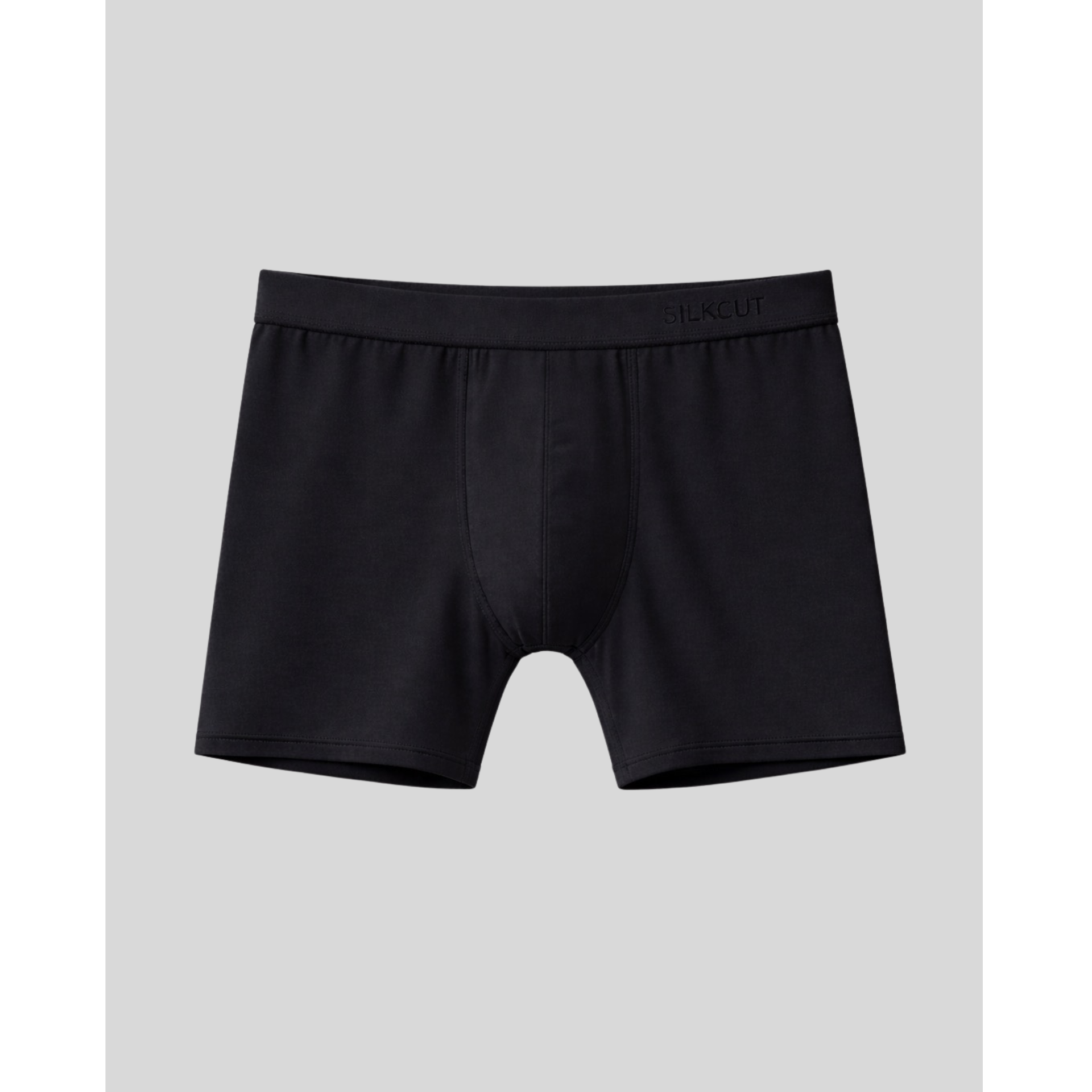 Black men's boxer briefs on a light gray background