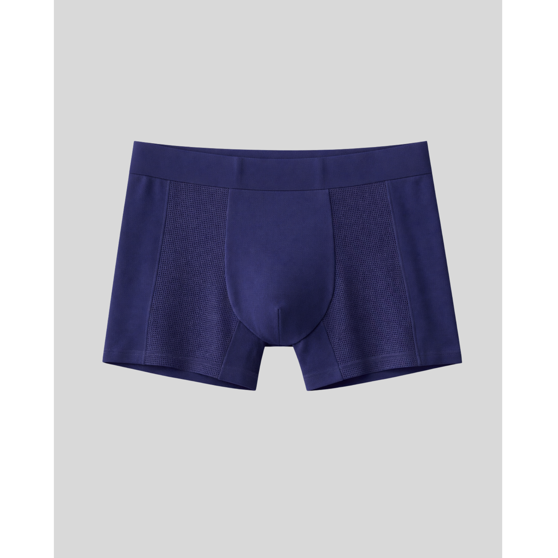 Blue boxer briefs on a light gray background