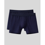 Two pairs of men's navy blue boxer briefs on a light gray background