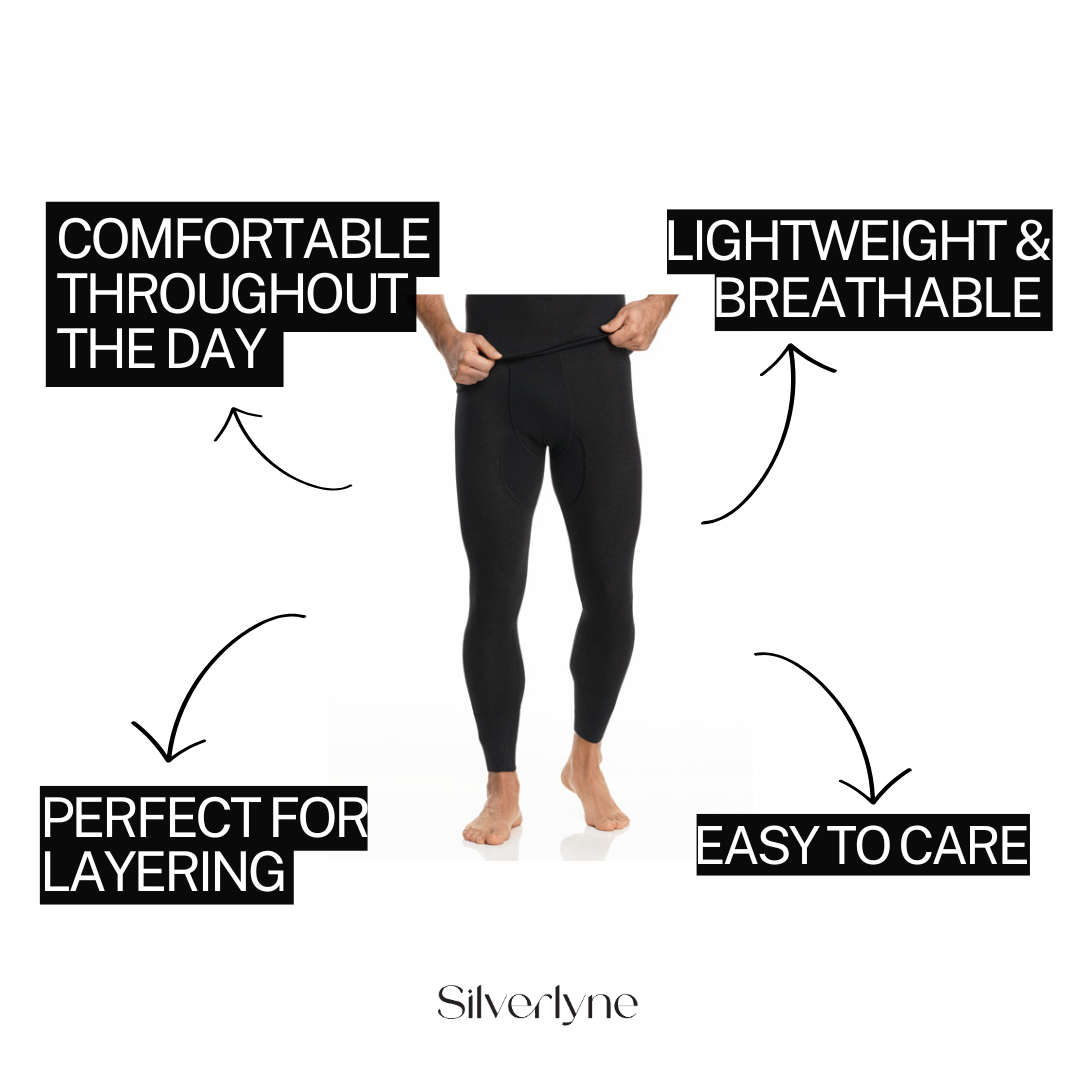 Person wearing black leggings with text highlighting features on a white background, featuring the brand 'Silverlyne'.