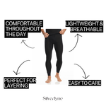 Person wearing black leggings with text highlighting features on a white background, featuring the brand 'Silverlyne'.