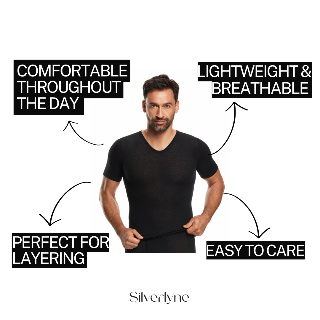 Man wearing a black shirt with text highlighting features on a white background, featuring the brand 'Silverlyne'.