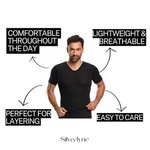 Man wearing a black shirt with text highlighting features on a white background, featuring the brand 'Silverlyne'.
