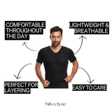 Man wearing a black shirt with text highlighting features on a white background, featuring the brand 'Silverlyne'.