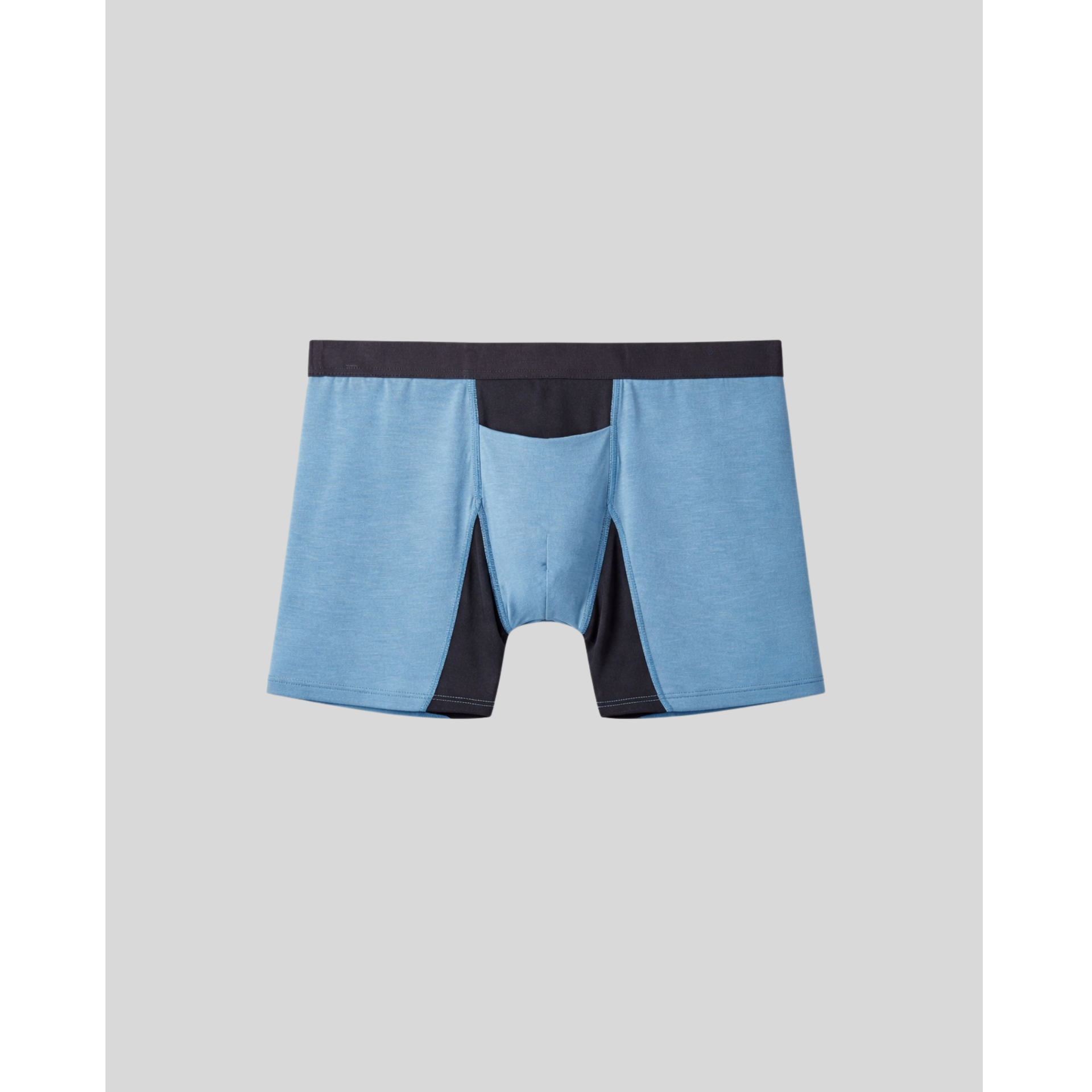 Blue boxer briefs with black accents on a light gray background