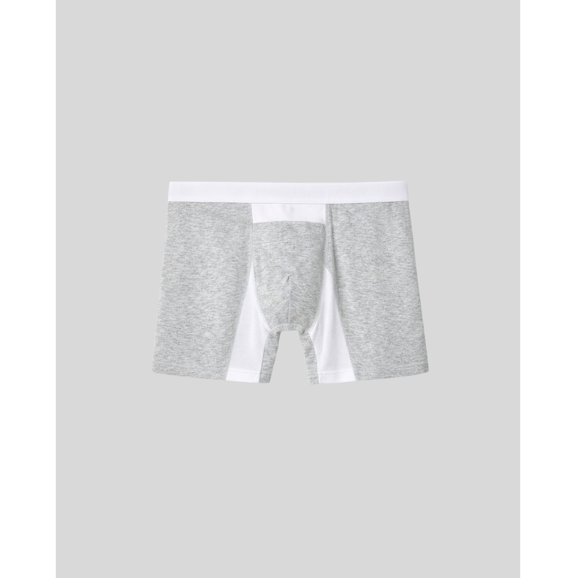 Gray boxer briefs with a white waistband on a light gray background Silkcut breathable boxer briefs

