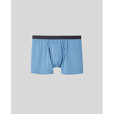 Blue boxer briefs with black waistband on a light gray background