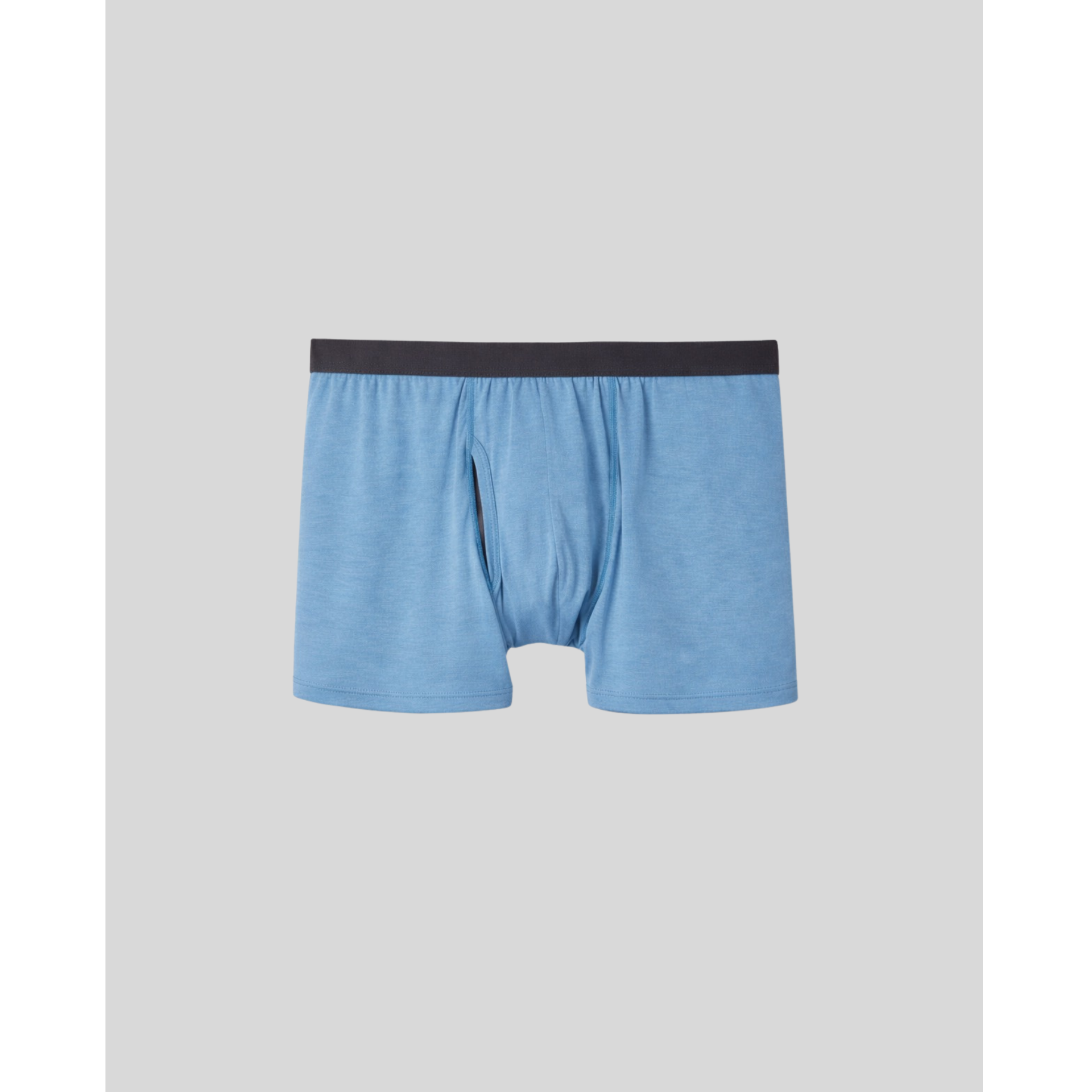 Blue boxer briefs with black waistband on a light gray background