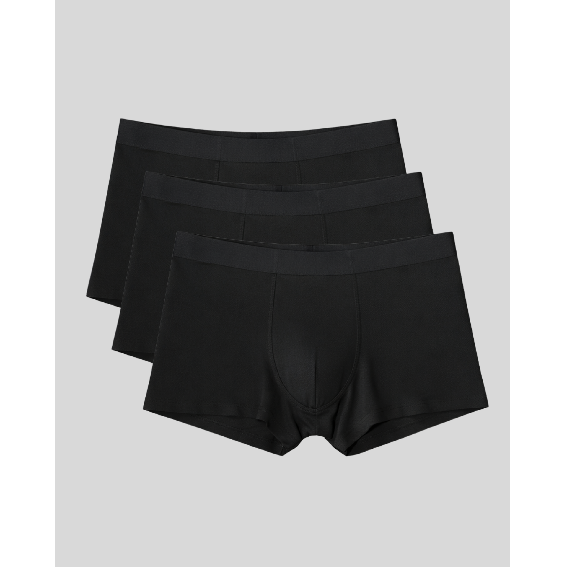 Three pairs of black boxer briefs. 
They feature a waistband is designed to stay flat without rolling or causing pressure