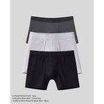 Three pairs of men's underwear in black, gray, and cloud gray on a light gray background.