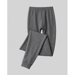 A pair of dark gray heathered silkcut thermal leggings for men pants with an elastic waistband and ribbed ankle cuffs, shown folded on a light gray background.